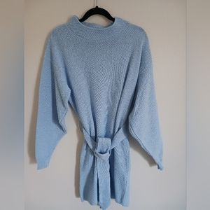 Baby Blue Crew Neck Sweater Dress with Tie